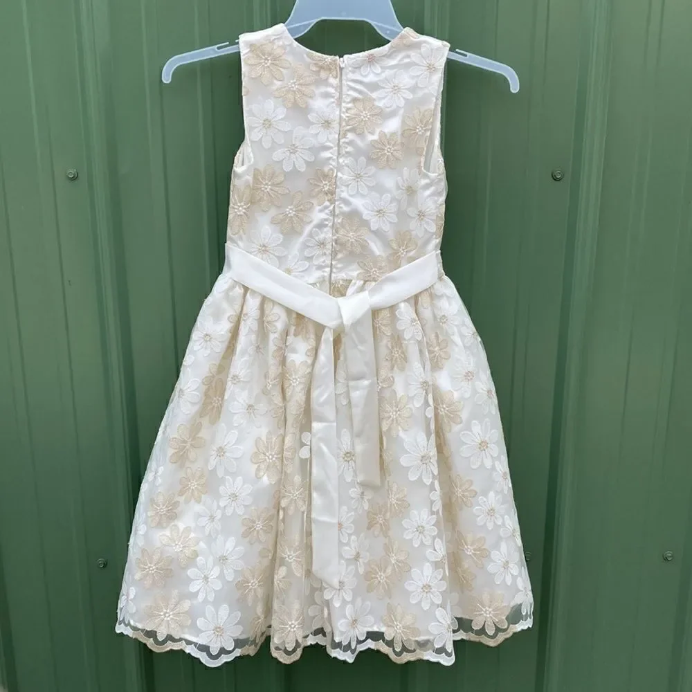 Girls Nannette Kids Floral Gold & Cream Color Formal Sleeveless Dress Size 12